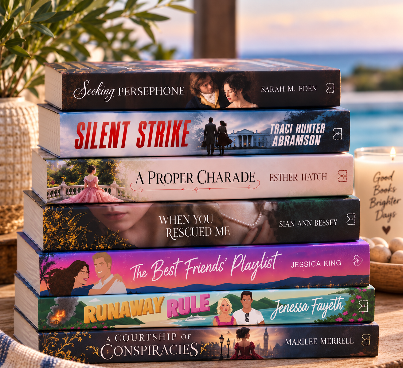 A stack of seven featured authors' books, including Marilee Merrell's A Courtship of Conspiracies, beside the water